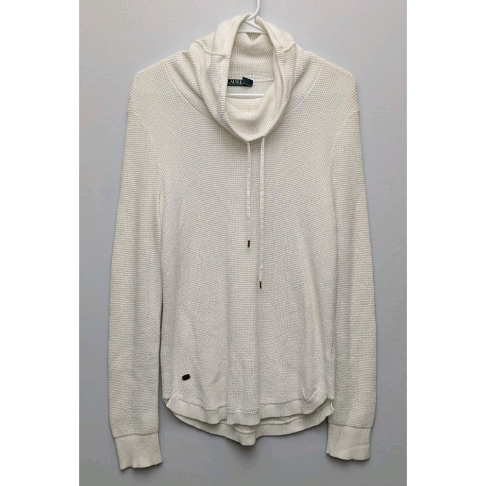 LRL White 100%‎ Cotton Waffle Knit Cowl Neck Pullover Sweater, Size L